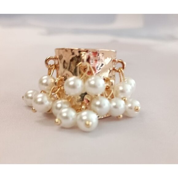 Adjustable Band Gold Plated Pearl Dangle Elegant Statement Ring - Picture 3 of 7